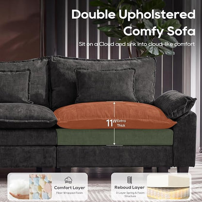 URRED Oversized Modular Sectional Sofa, 122" U Shaped Modern Comfy Cloud Couch with Movable Ottoman & Pillows, Deep Seat Couches for Living Room, Bedroom or Apartment (Chenille Black, 122" U Shaped)