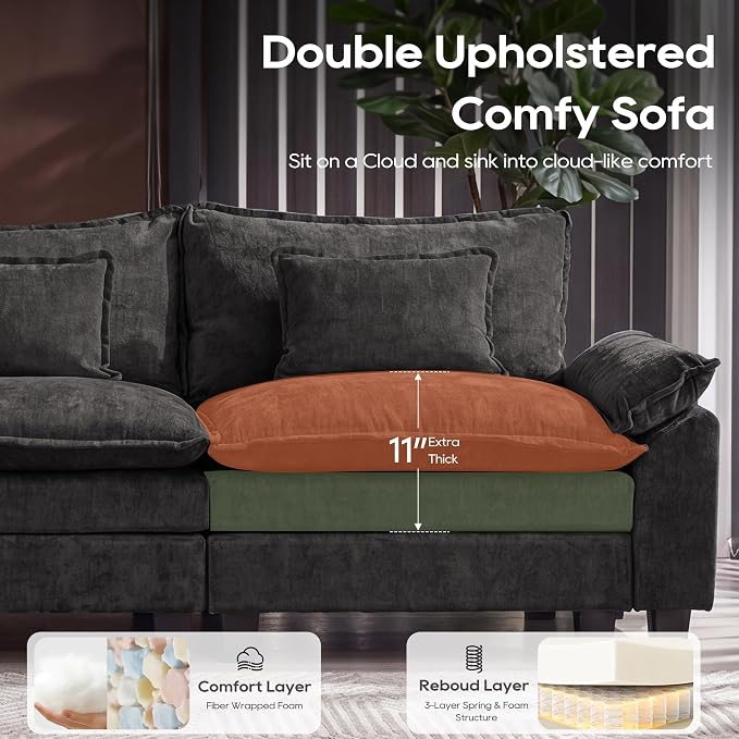 URRED Oversized Modular Sectional Sofa, 157" U Shaped Modern Comfy Cloud Couch with Movable Ottoman & Pillows, Deep Seat Couches for Living Room, Bedroom or Apartment (Chenille Black, 157" U Shaped)