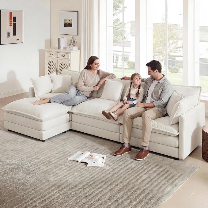 111.5" Modular Sectional Sofa, Large L Shaped Sectionals Cloud Couch, Big Comfy 3-Seat Couch with Ottoman, 4 Seater Chenille Sectional Sofa with Deep Seat and 5 Pillows for Living Room- Beige
