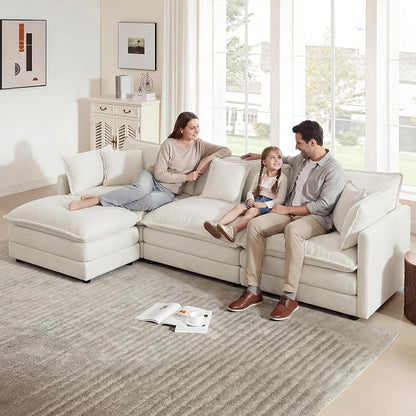 111.5" Modular Sectional Sofa, Large L Shaped Sectionals Cloud Couch, Big Comfy 3-Seat Couch with Ottoman, 4 Seater Chenille Sectional Sofa with Deep Seat and 5 Pillows for Living Room- Beige