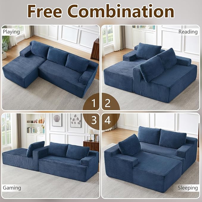 96.1" Modular Sectional Sofa Couches L-Shape Couch 3 Seat Modular Sofa Corduroy Memory Foam Sectional Boneless Couches for Living Room, Cloud Couch with Oversized Chaise(Blue, Left Facing)