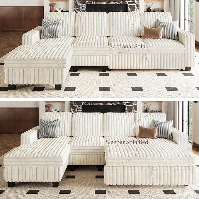 Belffin Modular Sectional Sofa with Storage Chaise Corduroy Sleeper Sofa with Pull Out Bed L Shaped Couch for Living Room. Apartment Couch. Beige
