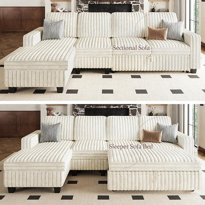 Belffin Modular Sectional Sofa with Storage Chaise Corduroy Sleeper Sofa with Pull Out Bed L Shaped Couch for Living Room. Apartment Couch. Beige