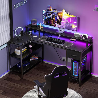 DUMOS 47" Gaming Desk with USB Charging Ports & LED Lights, Reversible L-Shaped Corner Computer Table for Small Spaces, Power Outlets, Monitor Stand & Storage Shelves Included, Black