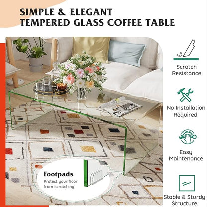 Tangkula Glass Coffee Table, 40"L × 19.5"W ×13.5" H, Modern Home Furniture, 0.5" Clear Tempered Glass End Table, International Occasion Tea Table, Waterfall Table with Rounded Edges (Clear)