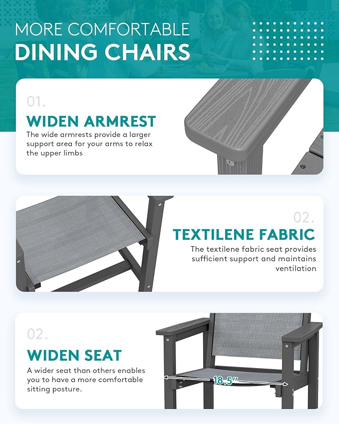 SERWALL HDPE Outdoor Dining Set for 8 with Textilene Chairs, Grey | 60" - 83" Aluminum Expandable Patio Dining Table and Breathable Textilene Chairs, All Weather HDPE Patio Furniture Set