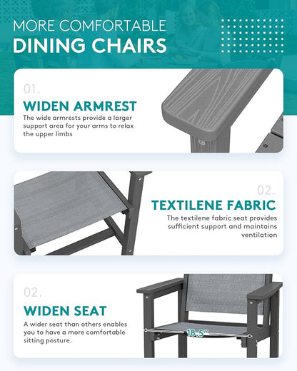 SERWALL HDPE Outdoor Dining Set for 8 with Textilene Chairs, Grey | 60" - 83" Aluminum Expandable Patio Dining Table and Breathable Textilene Chairs, All Weather HDPE Patio Furniture Set