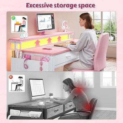 DurayLoly 31Inch Small Computer Desk with LED Lights & 2 Fabric Drawers, Gaming Desk with Side Pocket & Ergonomic Monitor Stand, Small Space Study Writing Table with Anti-Tip Design,Pink