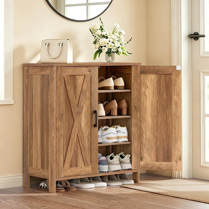 Homleke Farmhouse Shoe Cabinet with 2 Barn Doors & Wood Legs, 5-Tier Shoe Storage Cabinet with 3 Adjustable Shelves, Tall Shoe Rack Organizer for Closet, Shoe Organizer for Entryway, Rustic Walnut