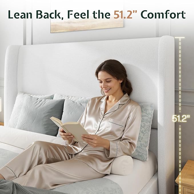 Jocisland King Size Bed Frame 51.2" Wingback Headboard Linen Upholstered Platform Bed,Solid Wood Legs & Wooden Slats,No Box Spring Needed,Noise-Free,for Family Master Suite Cozy Home,White