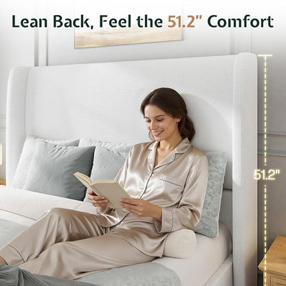 Jocisland Queen Size Bed Frame 51.2" Wingback Headboard Linen Upholstered Platform Bed,Solid Wood Legs & Wooden Slats,No Box Spring Needed,Noise-Free,for Family Guest Room Cozy Home,White