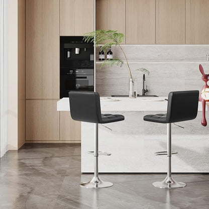 Furniwell Bar Stools Modern Pu Leather Swivel Adjustable Barstools Armless Counter Height Swivel Bar Stool Synthetic Leather Height Square Barstool with Set of 2(Black)
