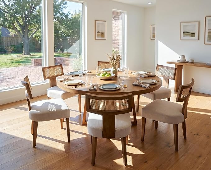 RIVOVA Rattan Dining Chairs Set of 4, Mid Century Modern Dining Chair Upholstered Linen Fabric Kitchen Side Chair, Modern Kitchen Armless Solid Wood Dining Chairs, Beige