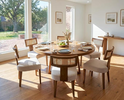 RIVOVA Rattan Dining Chairs Set of 6, Modern Dining Chair Kitchen Dining Room Chairs, Curved Cane Back Upholstered Linen Fabric Dining Chair with Wood Frame, Beige