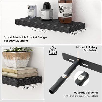Heimlove Floating Shelves for Wall,16 inchs Shelf for Small Bathroom,Mounted Storage & Display Wood Shelves for Bedroom,Living Room,Kitchen,Office,Set of 2,Black