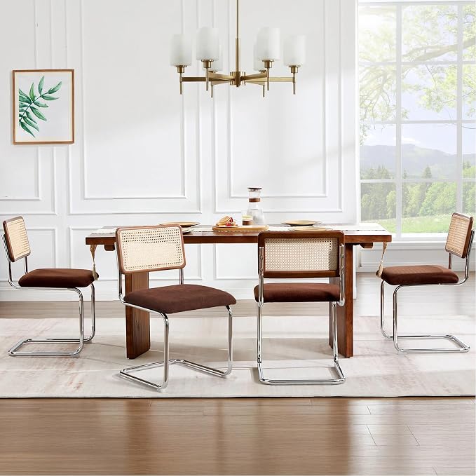 Zesthouse Rattan Dining Chairs Set of 6, Mid Century Modern Dining Room Chairs with Natural Cane Mesh & Chrome Base, Brown Cesca Chair Chenille Fabric, Farmhouse Kitchen Chair with Solid Wood Back