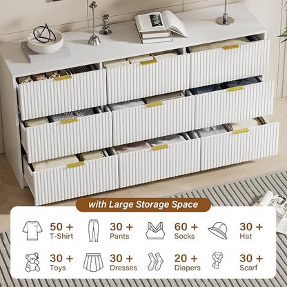 Furniway 3 Piece Bedroom Set, 9 Drawer Dresser and Nightstand Set of 2 with Gold Handles, Modern Wood Chest of Drawers Storage Cabinet for Bedroom, White