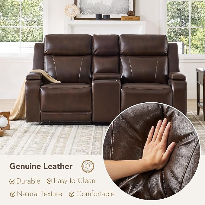 Watson & Whitely Genuine Leather Power Loveseat Recliner Sofa, Zero Gravity Reclining Sofa with Console, Power Headrest & Wireless Charging, Cup Holder, 2-Seater Recliner for Living Room, Dark Brown