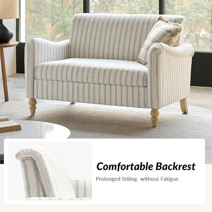 HULALA HOME 50.5" Loveseat Sofa with Stripe Pattern, 2 Seater Farmhouse Sofa with Rolled Wide Armrests and Rubber Wood Legs, Comfy Upholstered Small Couch for Living Room Bedroom, Grey