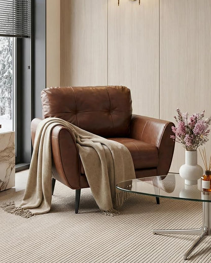 TYBOATLE Accent Chair, Comfy Modern Living Room Brown Leather Reading Accent Chairs Tufted Mid Century Arm Chair Small Salon Chair for Office Bedroom(1, Brown)