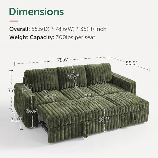 HONBAY Plush Corduroy Modular Sectional Sofa with Pull Out Bed L Shaped Sleeper Sofa with Storage Sectional Couches for Living Room,Plush Green