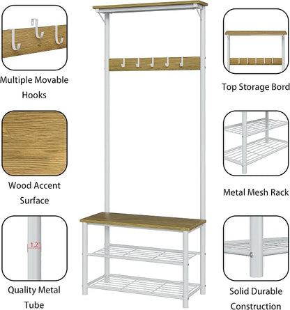 Hall Tree with Bench and Shoe Storage, 3-in-1 Coat Rack Shoe Bench, Freestanding Wooden Coat Rack with Metal Frame, 3-Tier Storage Shelf and 5 Removable Hooks, White
