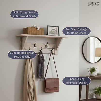 Alaterre Furniture Bethel Wall-Mounted Coat Rack with Shelf – Modern Farmhouse 40-Inch Solid Wood Entryway Organizer with 5 Black Metal Double Hooks & Upper Storage Shelf (Driftwood Finish)