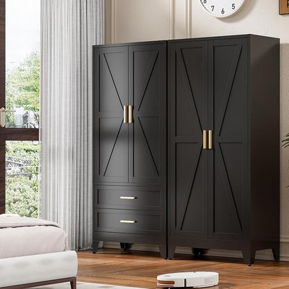 Washsemba 71'' Farmhouse Metal Wardrobe Cabinet with Hanging Rod, 2 Barn Door Wardrobe Closet with 2 Adjustable Shelves,for Dining Room,Bedroom,Living Room, Cloak Room,Office (Black)