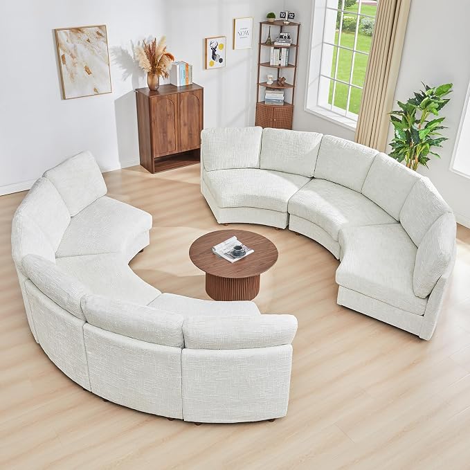 ORRD Curved Half Moon Sectional Sofa, Symmetrical Modular Sectional Couch, Boucle Modular Sectional Sofa with Pillows, Chenille Comfy 6 Seat Couch for Living Room, White