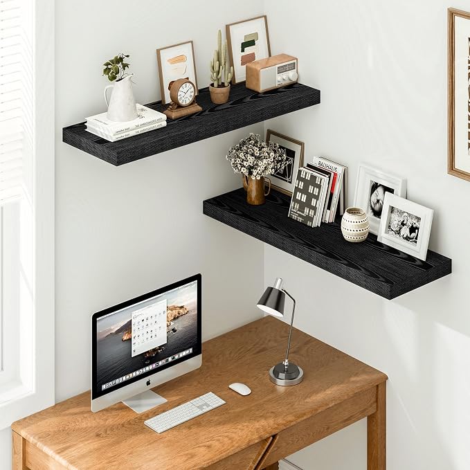 Vivelove Black Floating Shelves, 12" Deep Wall Shelves for Bedroom, Living Room, Kitchen, Office, Rustic Home Decor Shelf with Invisible Brackets, 36X12X1.5, Set of 2