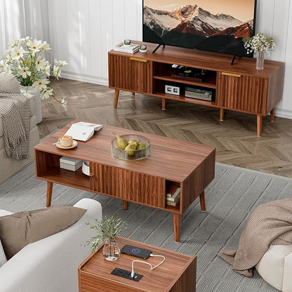 LCRBOL Coffee Table with Fluted Sliding Door, Mid-Century, Walnut | 39.3"L x 19.7"W x 17.1"H, double-sided sliding door & open shelf (7.5" clearance), golden knob, 5 tapered legs