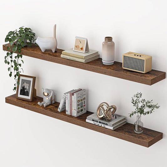 Heimlove 48 Inch Floating Shelves for Wall,Extra Long Wood Shelves Mounted Storage Hanging Shelf Invisible Bracket for Bedroom,Living Room,Kitchen,Office,Set of 2,Rustic Brown