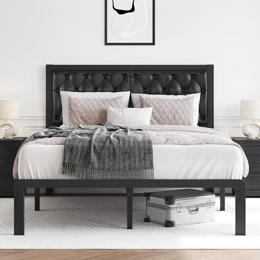 HISOFT Full Bed Frame with Upholstered Button Tufted Headboard, Bed Frame Platform Metal Slats Support, Under Bed Storage, No Box Spring Needed, Noise-Free, Easy Assembly, Black