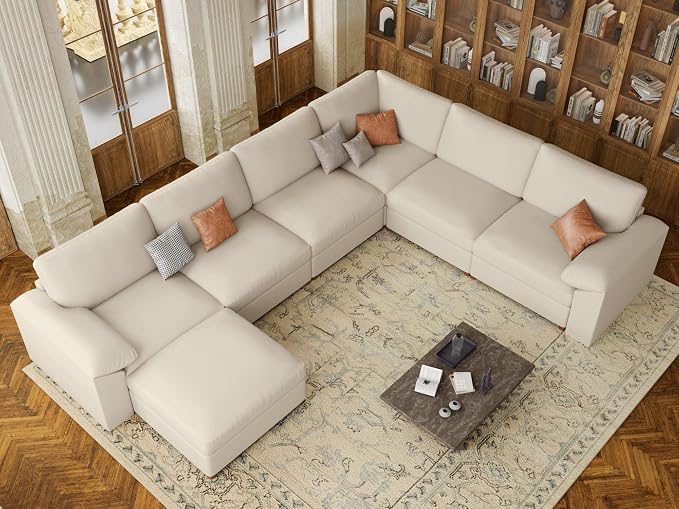 EASE MOOSE Faux Leather Sectional with Ottoman, Oversized Modular Couch, Modular Sectional Sofa with Deep Seat, Scratch Resistant Faux Leather Material, U Shaped Couch for Big Spaces, Beige