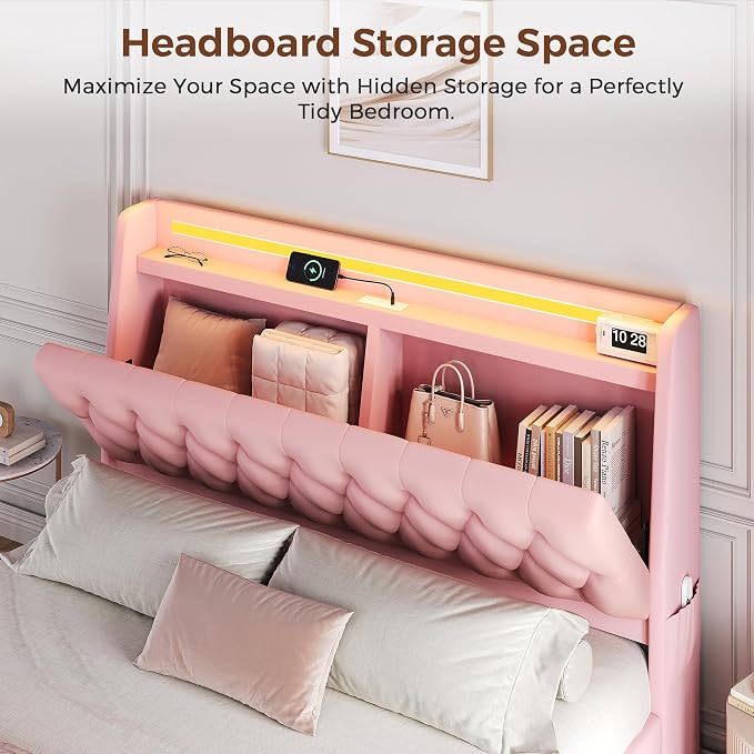 Queen LED Velvet Bed Frame with 2 Storage Drawers&Hidden Headboard, Upholstered Platform Bed with Charging Station&Button Tufted Design, Wooden Slats Support, Box Spring Optional, Easy Assembly, Pink