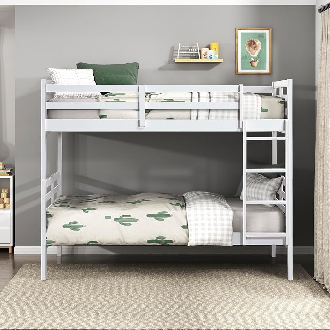 Lexicon Bunk Bed Twin Over Twin, Wooden Bed Frame with Sturdy Ladder and Safety Guard Rails, Modern Space-Saving Design, for Bedroom/Guest Room, No Box Spring Needed, White