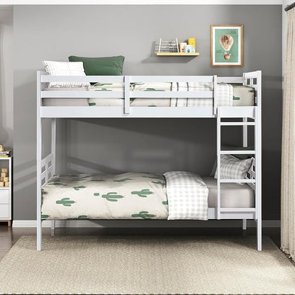 Lexicon Bunk Bed Twin Over Twin, Wooden Bed Frame with Sturdy Ladder and Safety Guard Rails, Modern Space-Saving Design, for Bedroom/Guest Room, No Box Spring Needed, White