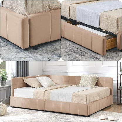 KEIKI Full Size L Shape Corner Bed Frames with 2 Storage Drawer, Backrest and Armrests, Velvet Upholstered Sofa Daybed Full Corner Bed for Small Room, Living Room, Bedroom, Guest Room, Kids' Room