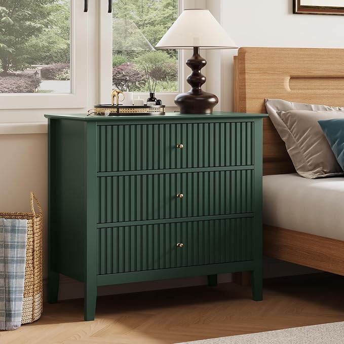 RoyalCraft 32" Large Nightstand, Fluted Painted Bedside Table with 3 Spacious Drawers, Modern Tall End Table for Bedroom, Dark Green
