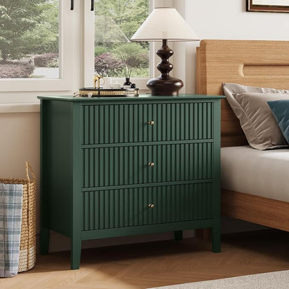 RoyalCraft 32" Large Nightstand, Fluted Painted Bedside Table with 3 Spacious Drawers, Modern Tall End Table for Bedroom, Dark Green