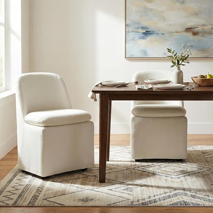 KISLOT Upholstered Dining Chairs with Casters, Washable Cover Modern Dining Room Chairs with Thick Cushion & Sturdy Metal Frame for Kitchen, Living Room, Dressing Room, Linen Fabric, Set of 2