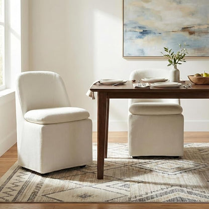 KISLOT Upholstered Dining Chairs with Casters, Washable Cover Modern Dining Room Chairs with Thick Cushion & Sturdy Metal Frame for Kitchen, Living Room, Dressing Room, Linen Fabric, Set of 2