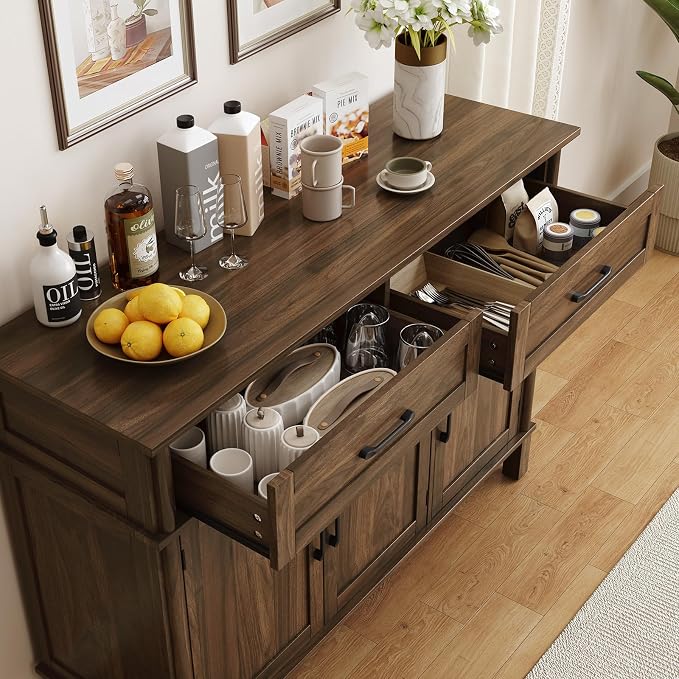 ONBRILL 48 Inch Buffet Cabinet with Storage, Farmhouse Sideboard Buffet w/2 Drawers and 3 Doors, Wood Coffee Bar Cabinet with Adjustable Shelves, Sideboard Storage for Kitchen, Living Room, Walnut