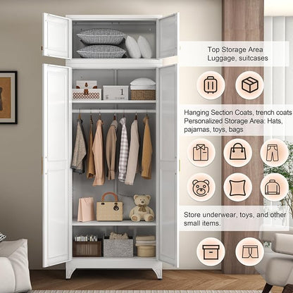 86" Metal Wardrobe Cabinets,Armoire Wardrobe Closet with Hanging Rod,Clothes Storage Cabinet with Adjustable Shelves and Doors,Clothing Cabinet for Bedroom, Laundry Room,Office
