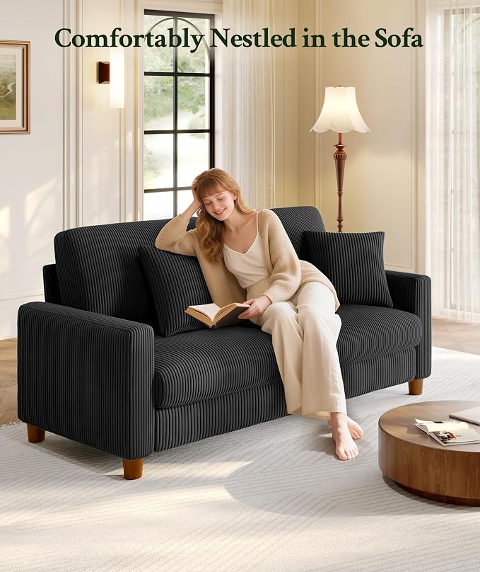 Welzona 70.2" Couches for Living Room, Comfy Black Couch 7.1" Extra Thick Cushion, Sofas for Living Room Tool-Free Setup, Loveseat Sofa 705lbs Support, Corduroy Couch for Bedroom, Apartment, Office