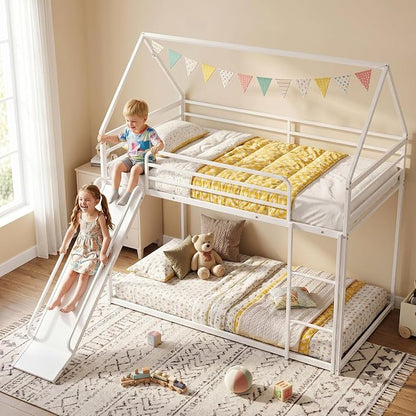 Bunk Bed with Slide, Twin Over Twin Bunk Bed with Ladder and Guardrail, Space Saving & Heavy Duty House Loft Bed for Kids, No Box Spring Needed(White)