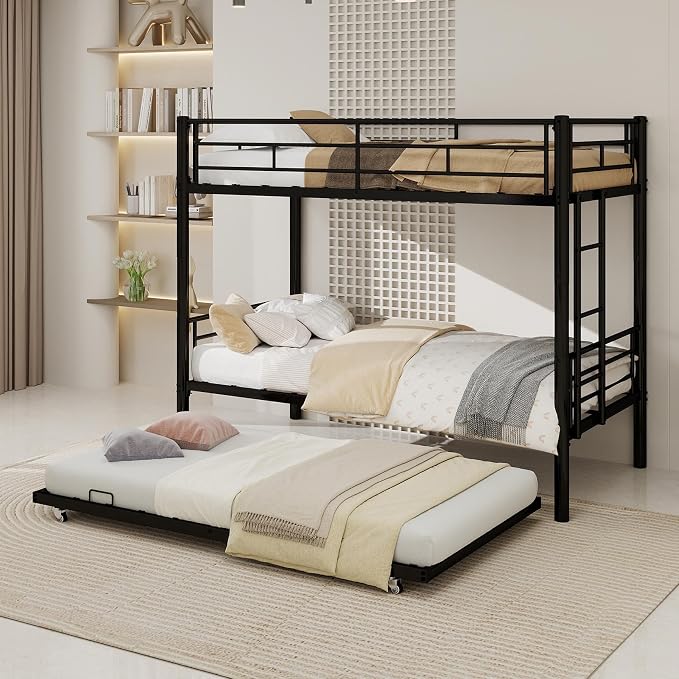 3-Way Convertible Twin over Twin Bunk Bed with Trundle, Metal Low Bunkbed for Kids Boys Girls, Guardrail & Ladders, Heavy Duty, No Box Spring Needed, Space-Saving, Easy Assembly (Black, With Trundle)