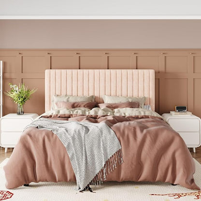 Allewie Full Bed Frame, Upholstered Platform Bed with Adjustable Vertical Channel Tufted Headboard, Mattress Foundation with Strong Wooden Slats, Box Spring Optional, Easy Assembly, Chenille Pink