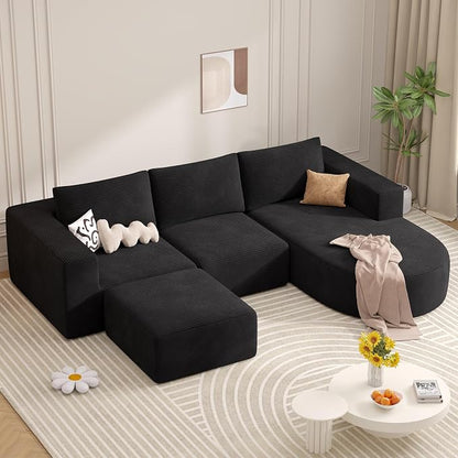 Boneless Couches for Living Room with Chaise,104" Modular Sectional Sofa with Convertible Ottoman,Cozy Cloud Couch with U-Shaped,Sponge Compression Sofas in a Box,No Assembly Required(Black) 1pcs