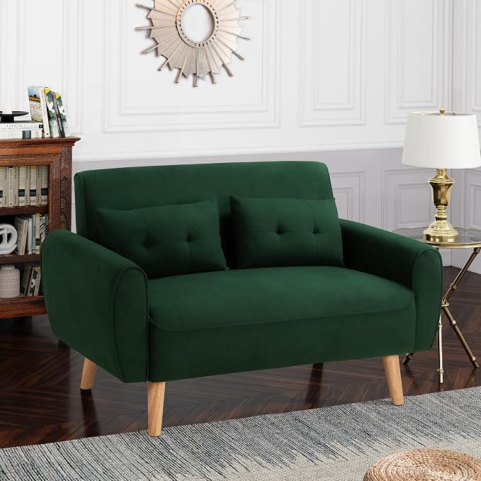 Shintenchi 48'' Loveseat Sofa, Mid-Century Modern Upholstered Couch Deep Seat with 2 Pillows, 10" Thick Cushion with Spring, Solid Wood Frame Small Couch for Living Room, Dorms & Office, Green